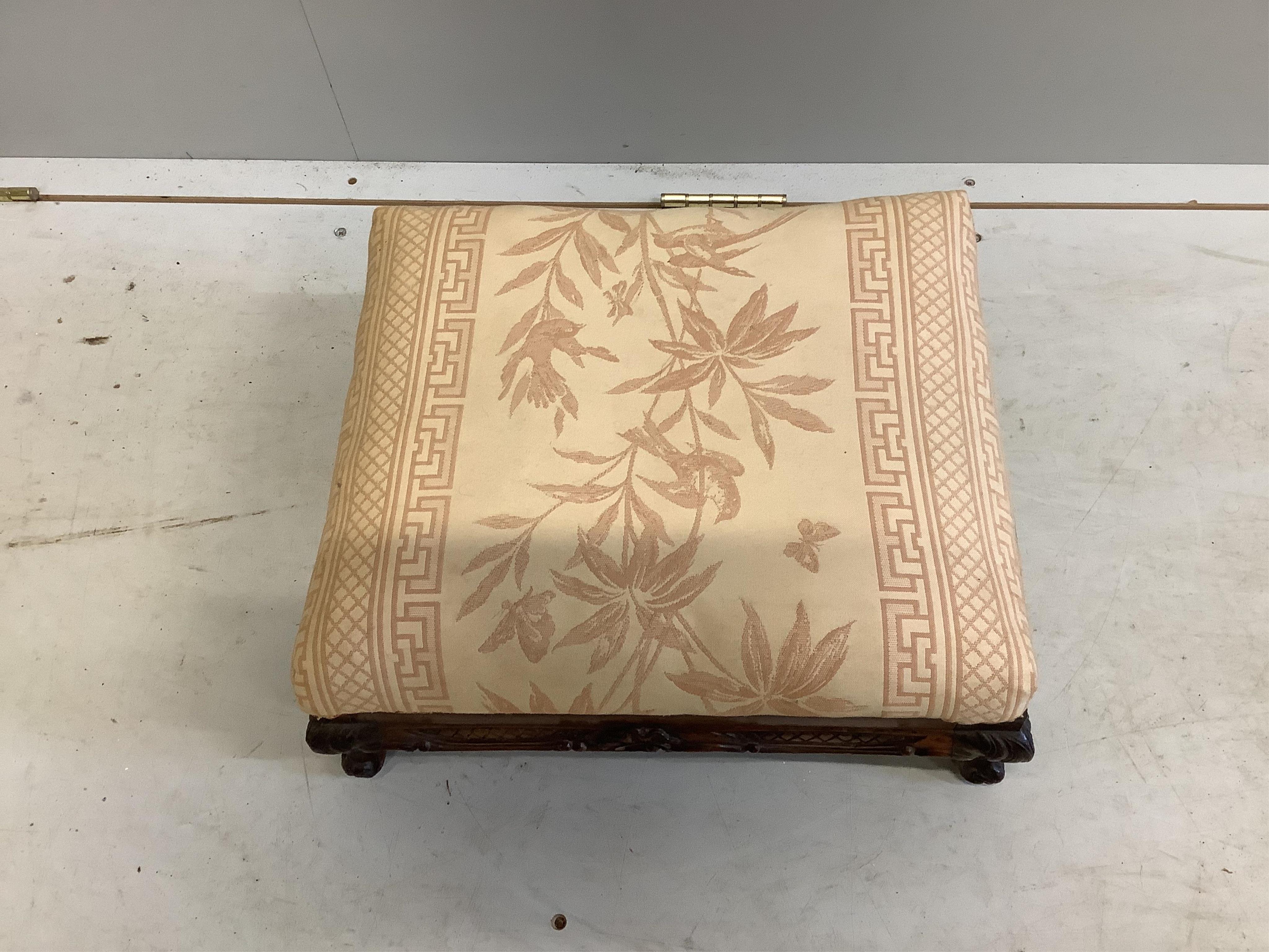 A Victorian carved mahogany square topped footstool, width 42cm, depth 37cm, height 18cm. Condition - fair